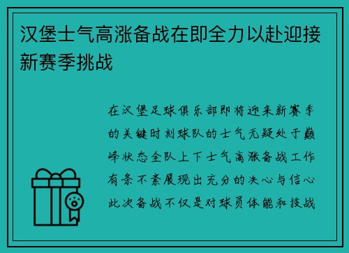 汉堡士气高涨备战在即全力以赴迎接新赛季挑战