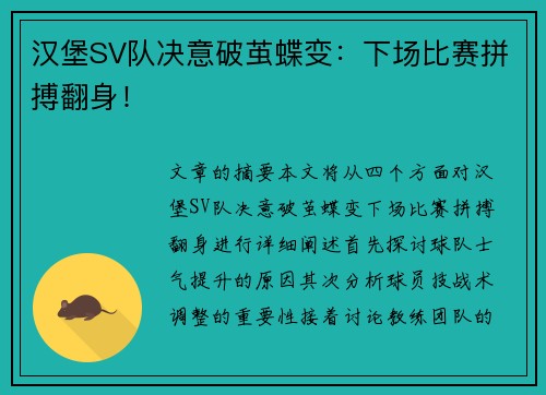 汉堡SV队决意破茧蝶变：下场比赛拼搏翻身！