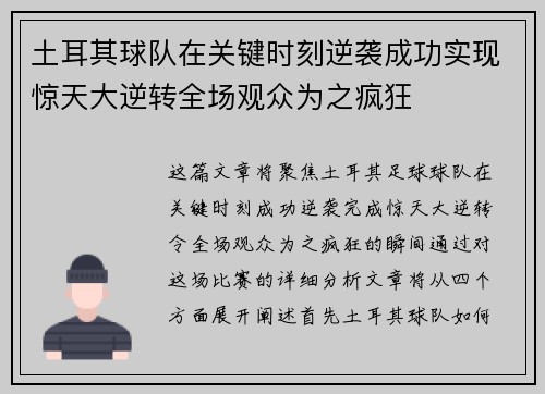 土耳其球队在关键时刻逆袭成功实现惊天大逆转全场观众为之疯狂