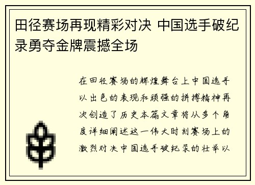 田径赛场再现精彩对决 中国选手破纪录勇夺金牌震撼全场