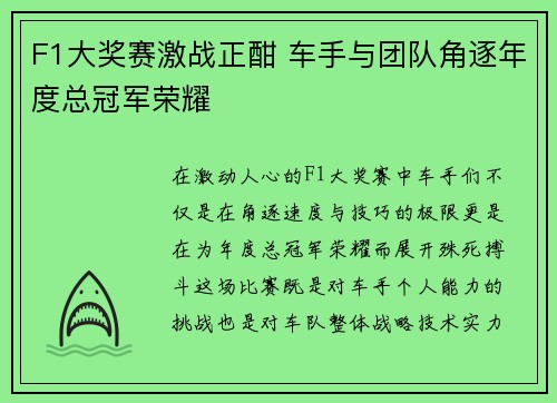 F1大奖赛激战正酣 车手与团队角逐年度总冠军荣耀